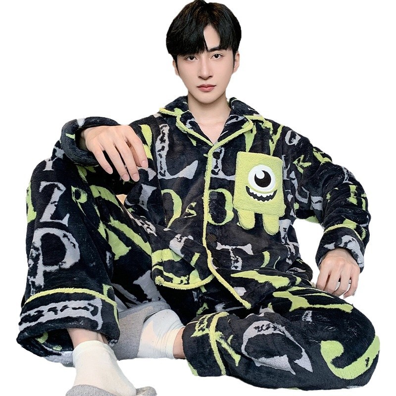 가을과 겨울 산호 양털 파자마 남자의 두꺼운 기모 플란넬 따뜻한 옷깃 플러스 사이즈 청소년 홈 의류 세트