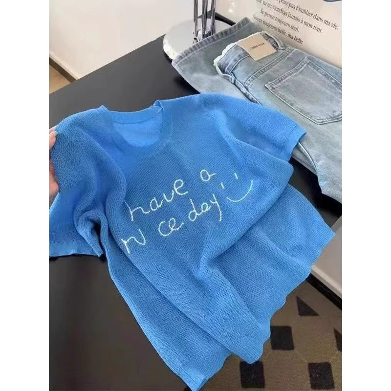 Ys Korean-Style Letter Embroidery Short-Sleeve Knit Top for Women, New Spring/Summer Niche Fashion, Loose and Versatile Round-Neck Top Ys Korean-Style Letter Embroidery Short-Sleeve Knit Top for Women, New Spring/Summer Niche Fashion, Loose and Versatile Round-Neck Top