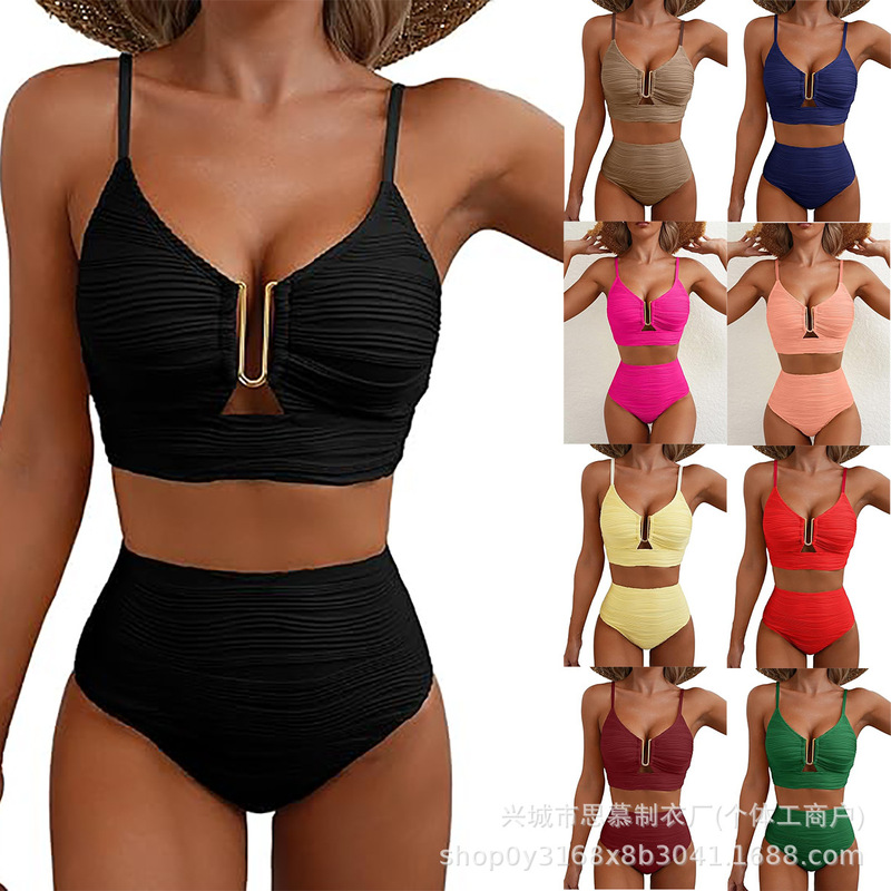 Amazon's New High-Waisted Women's Swimsuit, European and American Cross-Border Solid Color Push-Up Slimming Sexy Bikini with a High-End Feel