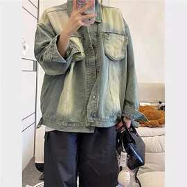 美式复古立体拉链口袋做旧牛仔外套男女痞帅拼接设计感宽松夹克