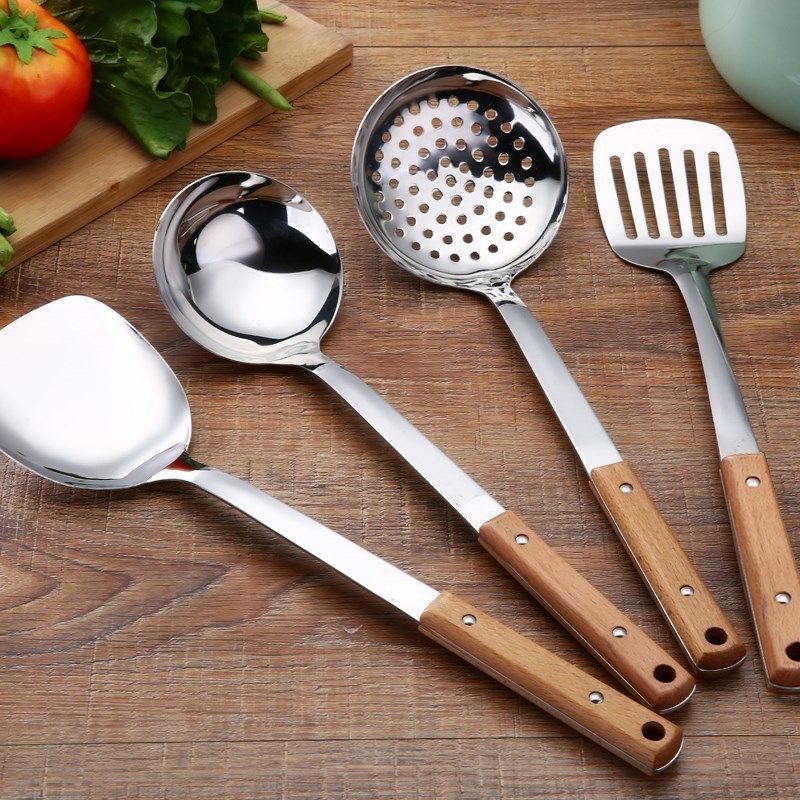 Frying spatula, soup spoon, colander, stainless steel kitchenware set, thickened porridge spoon set, home kitchen supplies, stir-frying spatula