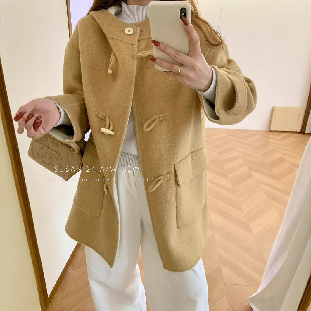 한국 가을과 겨울 새로운 후드 양면 캐시미어 코트 여성의 나이를 줄이는 모직 코트 8022