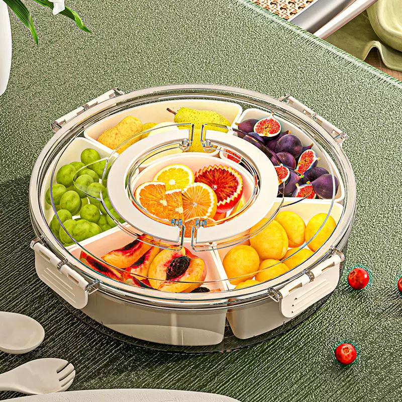 旋转六分格水果盘圆形带盖香料盒便携式带提手家用密封防潮干果盘