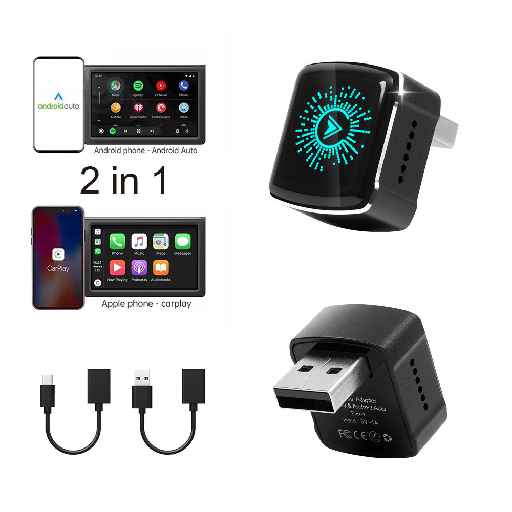 2026 Model Rgb Colorful Light Carplay Box Android Auto Two-In-One Wired to Wireless Adapter