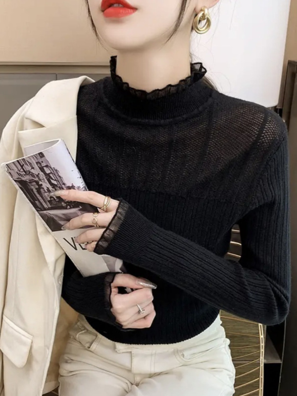 哥家商场同款女装2025秋季半高领镂空蕾丝木耳边女打底衫时尚洋气|undefined