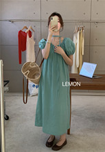 THE LEMON柠檬绿茶夏新款法式纯色圆领褶皱收腰显瘦短袖连衣裙女