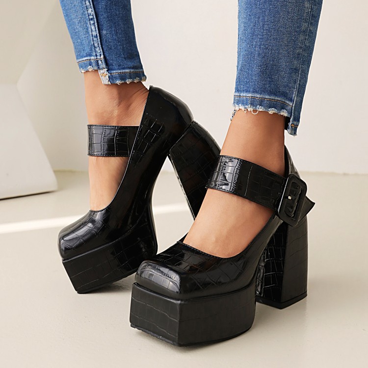 Square head thick with waterproof platform buckle high heels large size women's shoes stone pattern_voghion.com