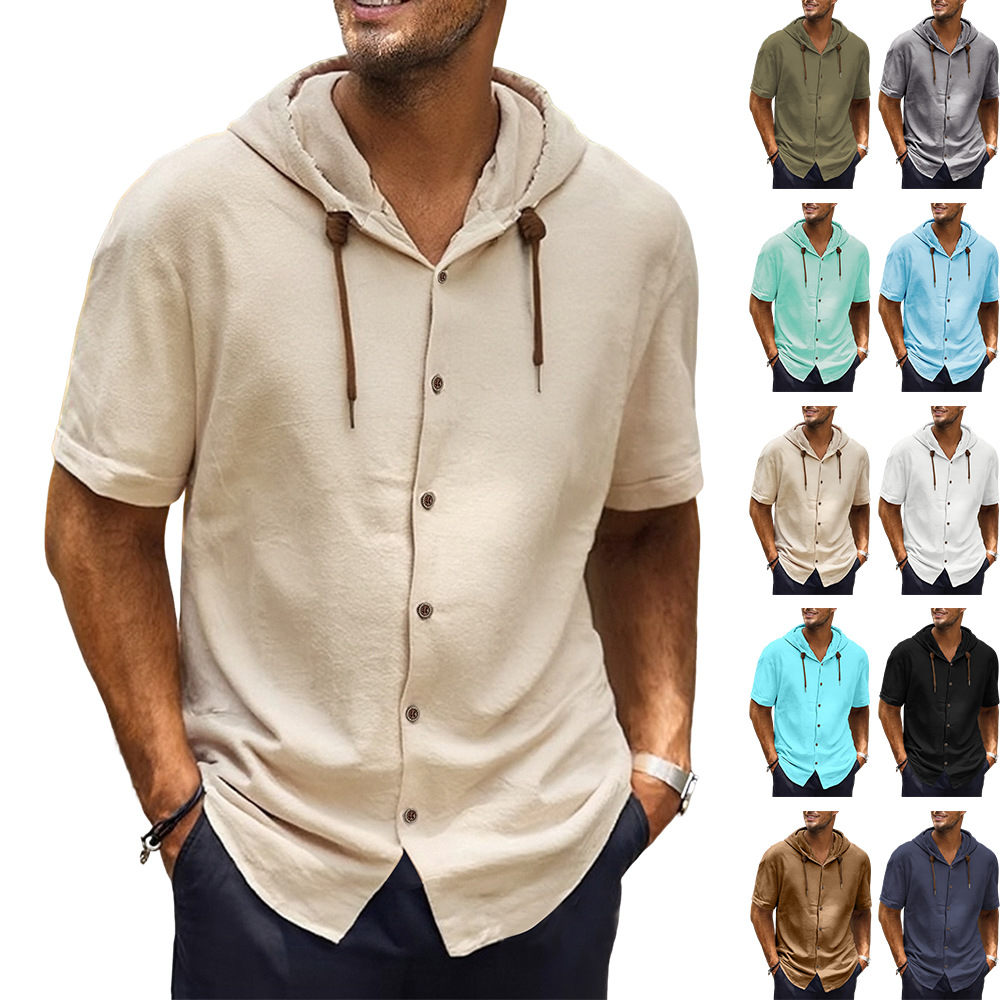 Nuevo transfronterizo TK Amazon nuevo estilo americano de verano delgado transpirable lino suelto camisa de mangas cortas de hombre