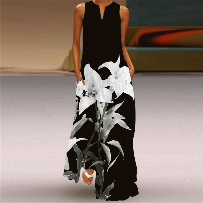 2026 New Summer Women's Sleeveless V-Neck Printed Sexy Dress Long Skirt European and American Cross-Border Foreign Trade Women's Clothing