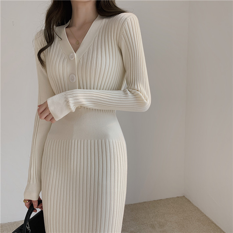 2024 Autumn and Winter Elegant Patterned Button Dress Long Knitted Bodycon Skirt for Women 2024 Autumn and Winter Elegant Patterned Button Dress Long Knitted Bodycon Skirt for Women