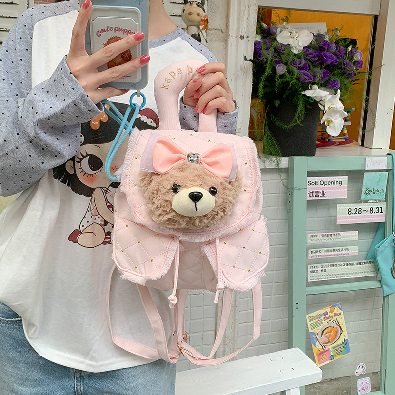 Korean-style fresh and colorful bear plush backpack with multiple pockets and a drawstring design, a casual and versatile backpack for girls