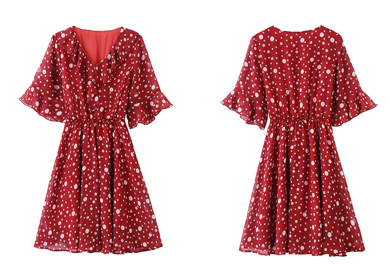 Đầm maxi nữ thắt eo cổ V in chấm bi đỏ — màu đen, màu đỏ chi tiết 26