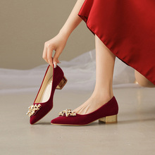 红色不累脚婚礼婚鞋女秀禾婚纱两穿2025年春秋高跟新娘鞋法式珍珠