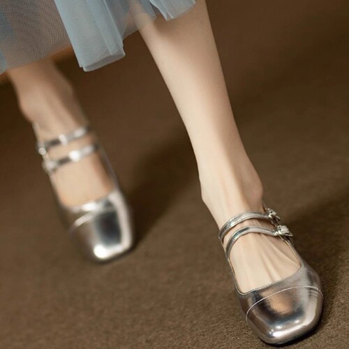 Silver Mary Jane Flat Shoes for Women - New Summer Small Leather Shoes with Medium Heel, Thick Heel, High Heel French Style to Match Skirts and Ballet Flats