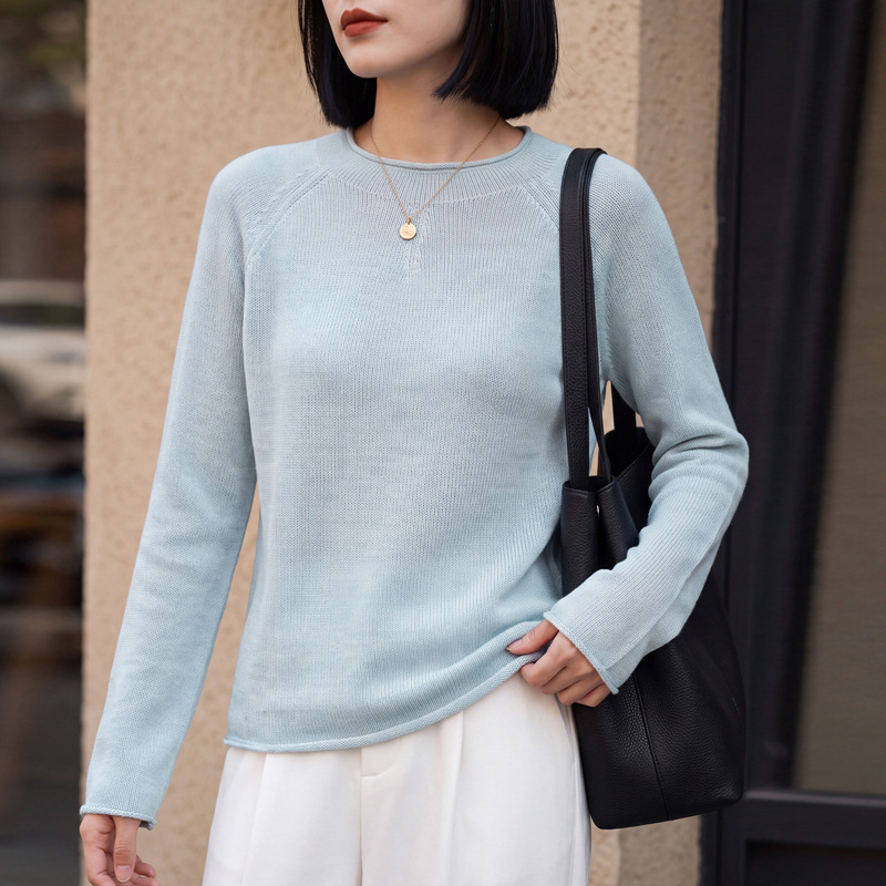 Knitted sweater, ready-to-wear, rolled hem, round neck, seamless long-sleeve knit top for women Knitted sweater, ready-to-wear, rolled hem, round neck, seamless long-sleeve knit top for women