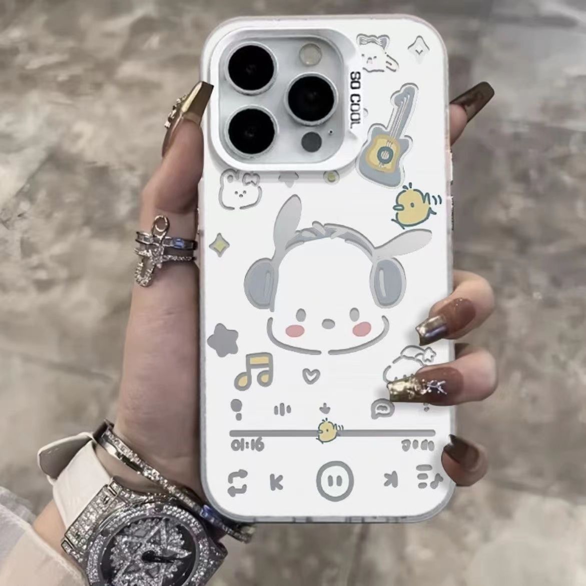 For Apple 16 mobile phone case iPhone15/14ProMax frosted xr color silver cartoon headset Pacha dog