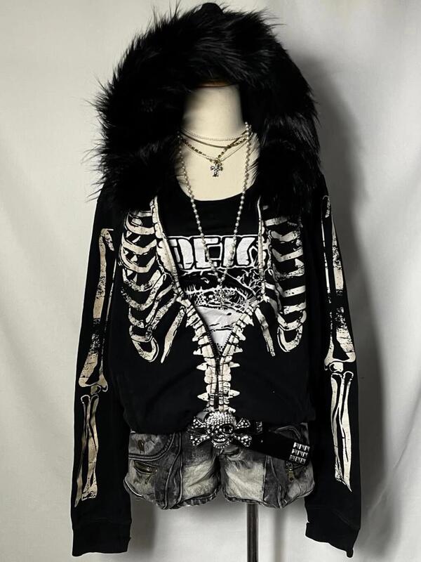 American Retro Sexy Subculture Skull Skeleton Print Large Fur Collar Hooded Jacket Fleece-Lined Punk Autumn and Winter Sweatshirt