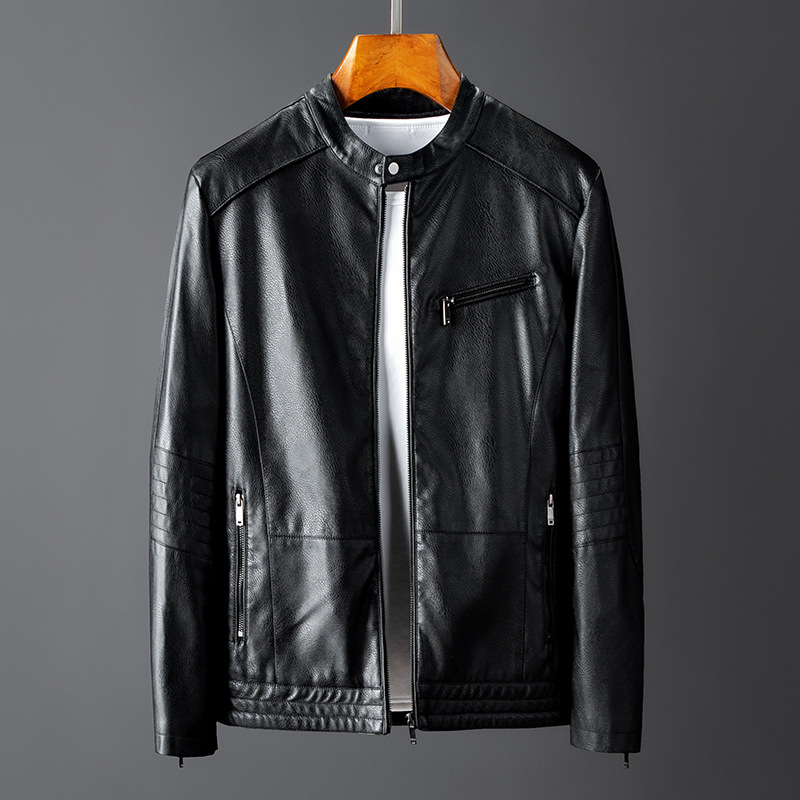 Men's standing collar Korean version slim fit handsome autumn and winter plus velvet motorcycle leather men's jacket_voghion.com