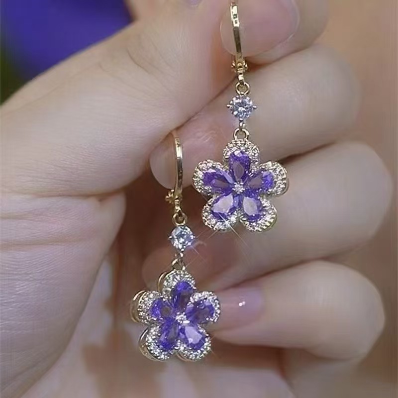 Purple earrings with zircon, flowered
