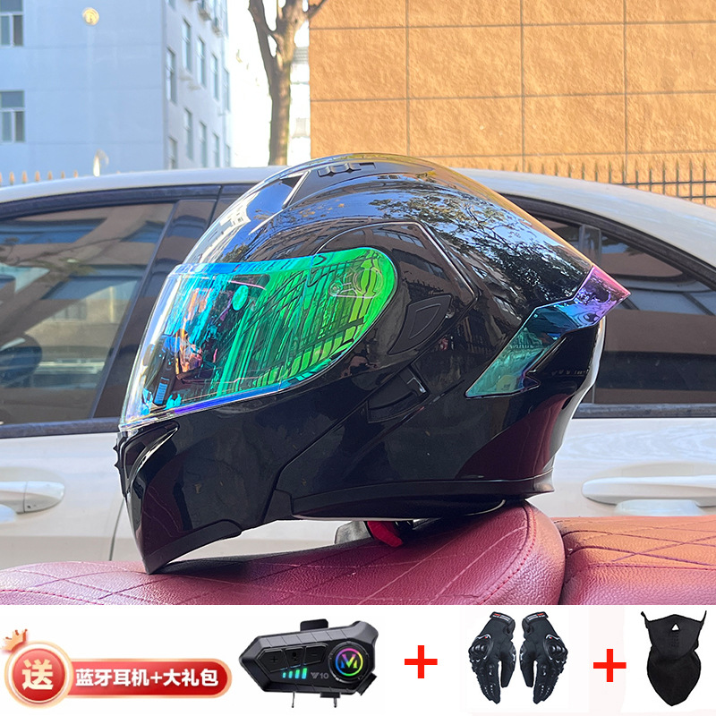 Casco de exposición Orz para hombres y mujeres invierno Doble espejo coche eléctrico semi-Casco completo cola de color coche deportivo ranura Bluetooth cuatro estaciones casco