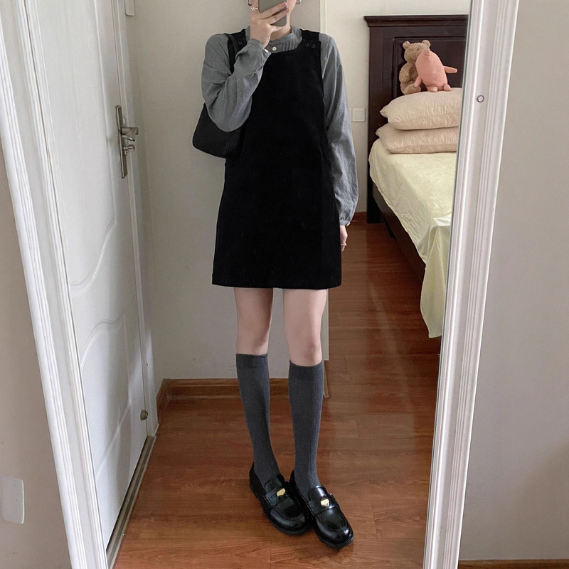 Autumn Clothing with a Complete Set of Retro Black Corduroy Sleeveless Suspender Dress Long-Sleeved Shirt Two-Piece Suit for Women