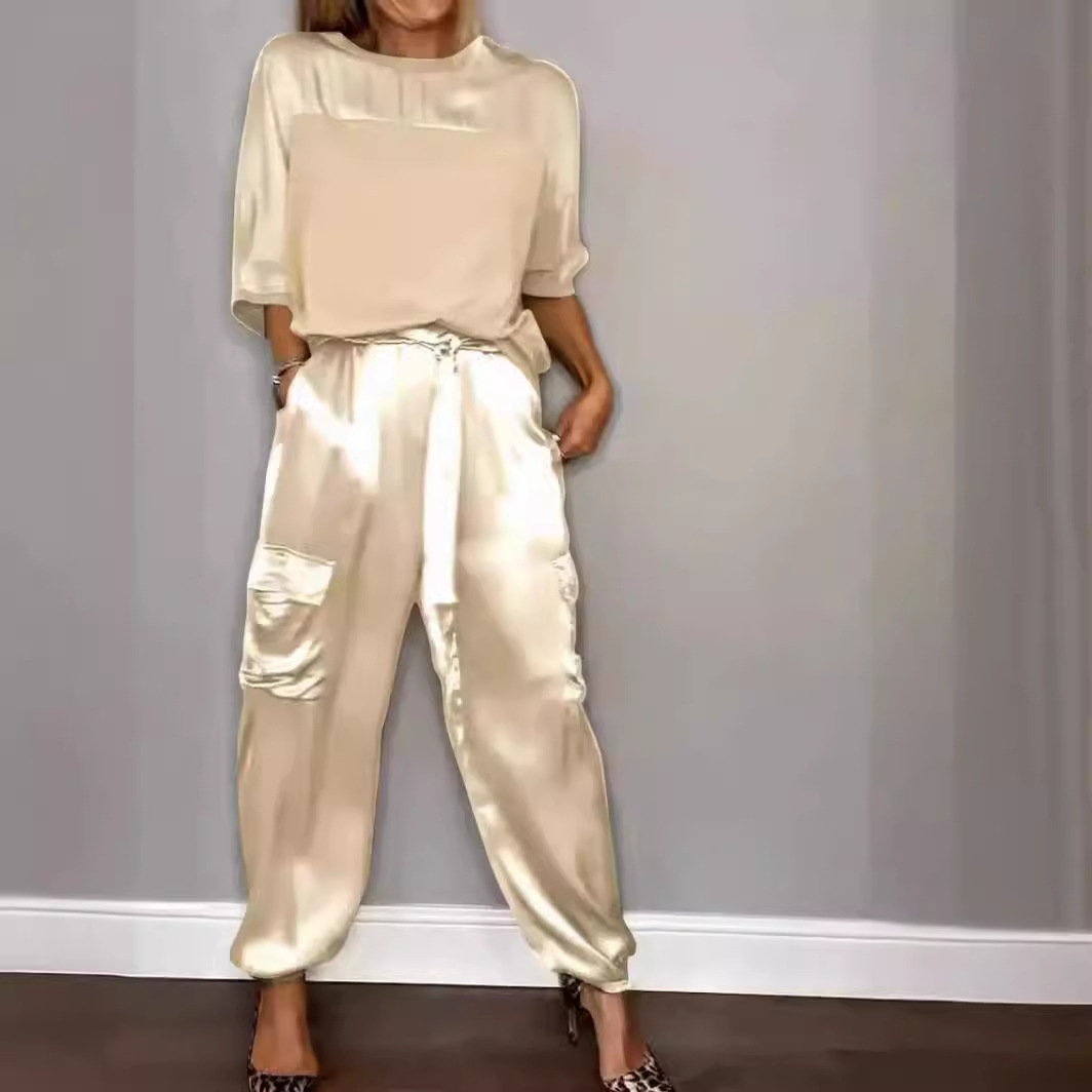 Ensemble deux pièces en Satin lisse pour femmes, couleur unie, manches 5/4, nouvelle mode printemps et automne_voghion.com