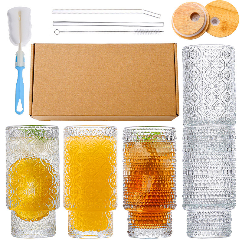 Tazas de té de vidrio al por mayor tazas de agua retro tazas de agua solar tazas de jugo de vidrio en relieve tazas de regalo tazas de plegado