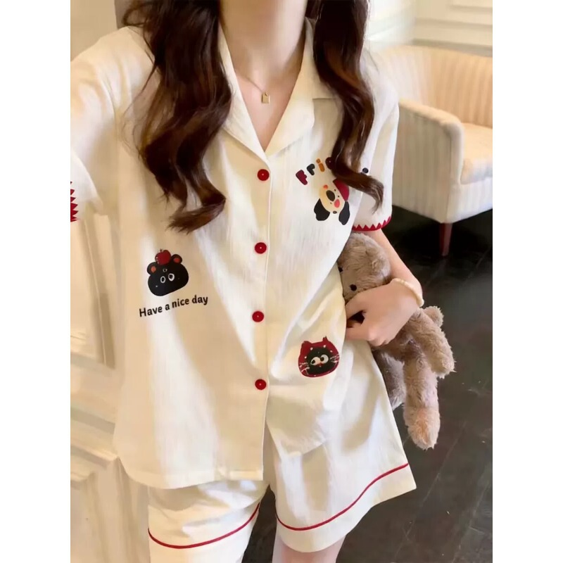 Summer New Style Cartoon Short-Sleeved Shorts Pajamas for Women, Cloud Cotton, Sweet and Cute Cardigan, Outer Wear, Home Clothes Set
