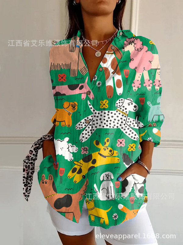 2025新款跨境外贸夏季欧美潮流长袖衬衫动物风3D数码印花女士上衣|undefined