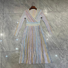 法式秋季长裙高腰折皱浅色条纹渐变气质通勤收腰长袖中长裙连衣裙