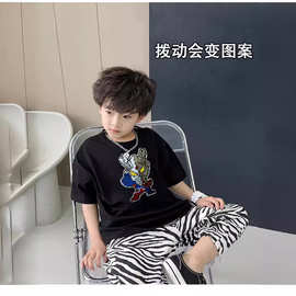夏季新款圆领纯棉双色翻转亮片百搭宽松男童短袖T恤上衣 一件代发
