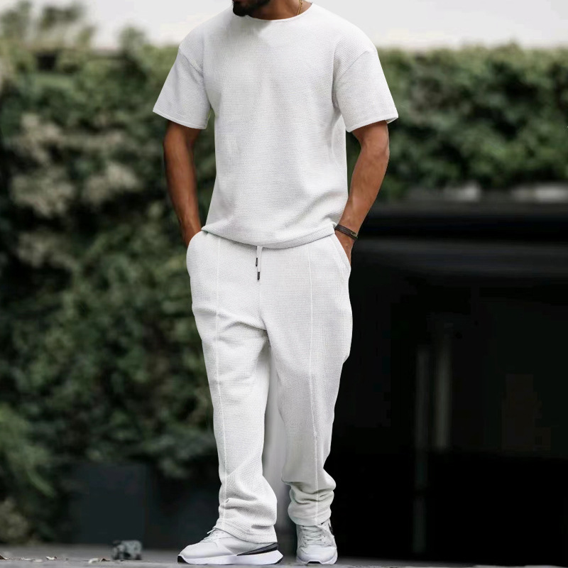 Los pantalones de manga corta de los hombres europeos y americanos se adaptan a la galleta pesada oversize Plus size Amazon cuello redondo traje casual