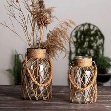 复古麻绳玻璃透明花瓶编织美式乡村创意水培花瓶桌面摆件花器
