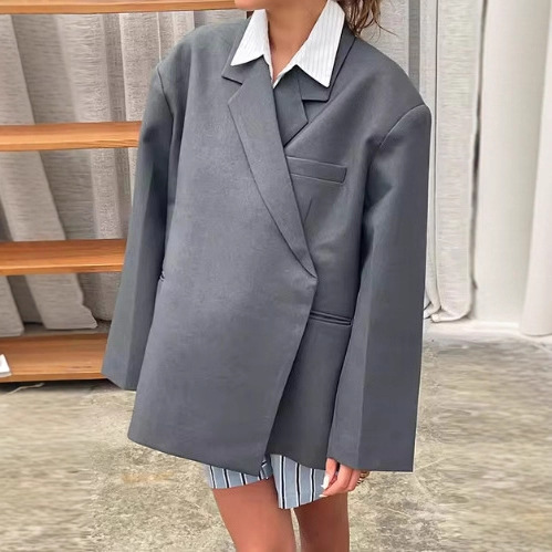 European and American Cross-Border Women's Long-Sleeved Casual Lapel Pocket High-End Temperament Commuter Side Slit Suit Jacket