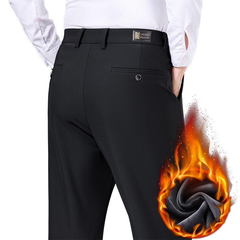 Autumn and Winter Fleece-Lined Casual Pants, Straight-Leg Workwear, Light Luxury Business Dress Pants, Dad-Style Men's Pants, Elastic Men's Long Pants for Young and Middle-Aged Men