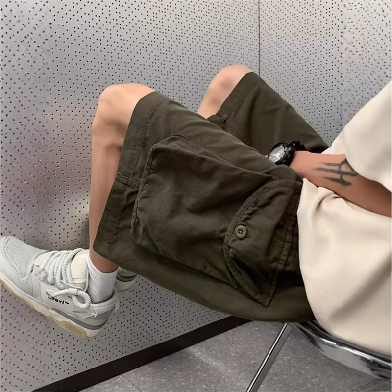 Pure Cotton Multi-Pocket Cargo Shorts for Men, Casual Retro Trendy Straight Mid-Length Functional Wide-Leg Harem Shorts