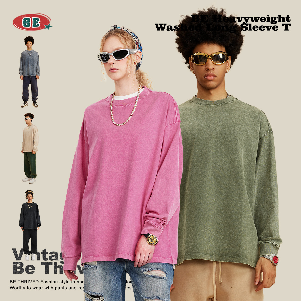 Camiseta de Manga Larga para Hombre BE, Estilo Americano 2025, Marca Moderna, Algodón Lavado Vintage, 260G, Camiseta Juvenil para Hombre