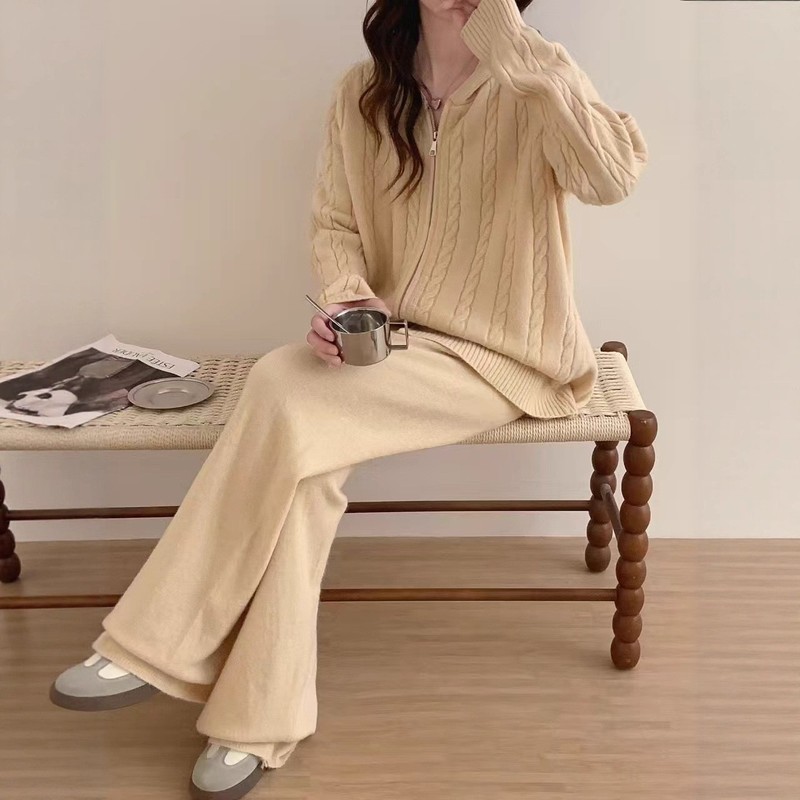 新款显瘦时尚休闲毛衣拉链套装女秋慵懒纯色针织阔腿裤百搭两件套|undefined