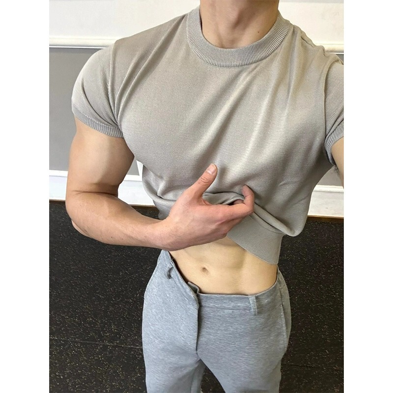 Grey Knitted Slim-Fit Short-Sleeved Men's Fitness Muscle-Shown Threaded Cuff T-Shirt American Style cleanfit Half-Sleeve