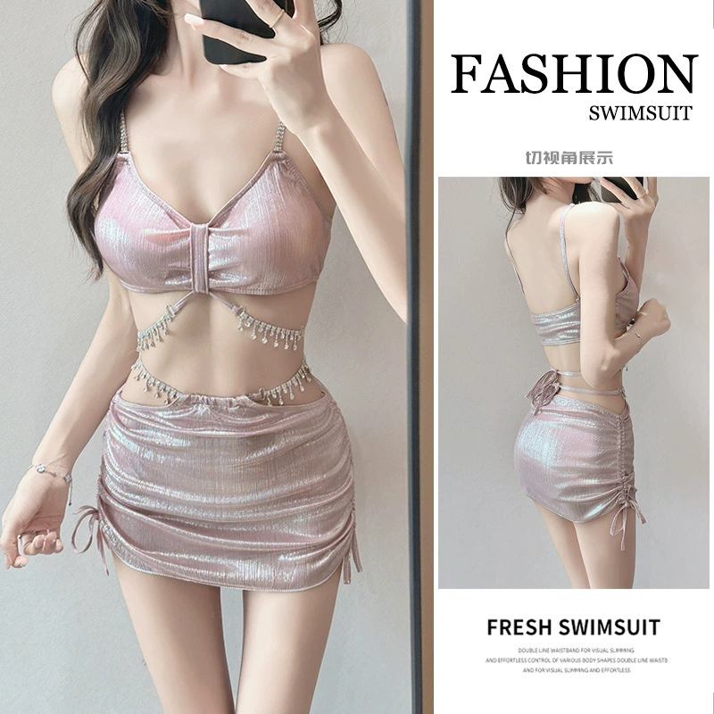 Купальник женский бикини с цепочкой из страз, блестками, эффектом пуш-ап, трехчастный, утягивающий, с разрезом, трехугольный, для курорта, горячих источников