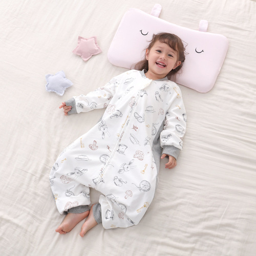 Baby sleep sack leg opening sleep sack for babies, knitted cotton double-layer romper with crawling suit for spring and autumn, cotton children's home anti-kicking suit