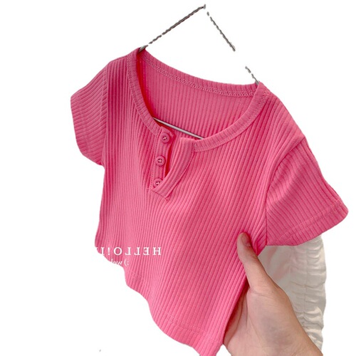 Summer Girls' Clothing Short Sleeve T-Shirt Baby Stylish Children's Personality Trend Brand Korean Version Candy Color Striped Fashion Top