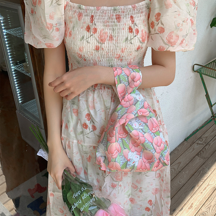 Summer rabbit new wrist bag coin purse walking bag floral tulip romantic fresh photo ins