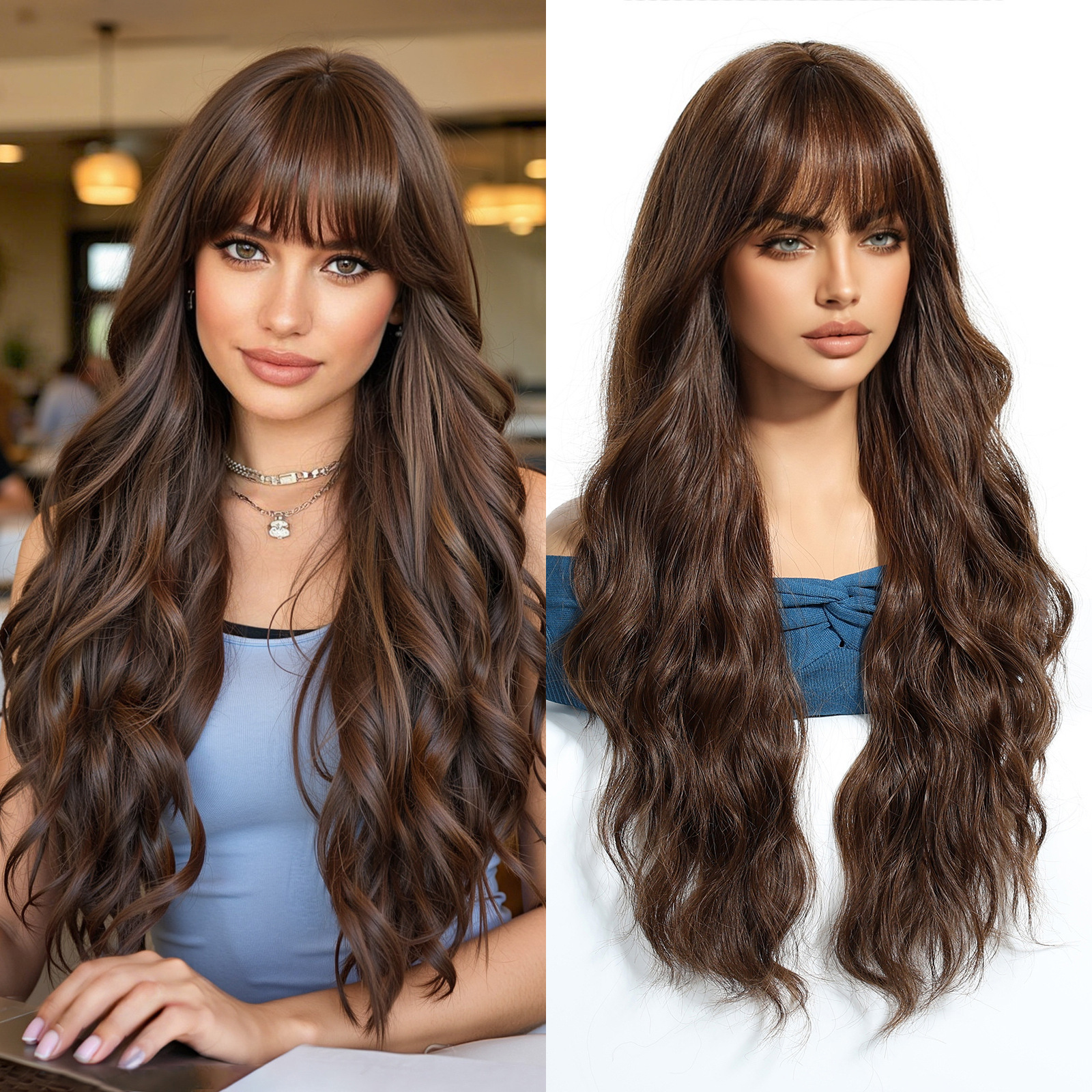 SHIEN transfronterizo primavera nueva moda vigorosa flequillo ondulación del agua larga peluca rizada pelucas de pelo completo