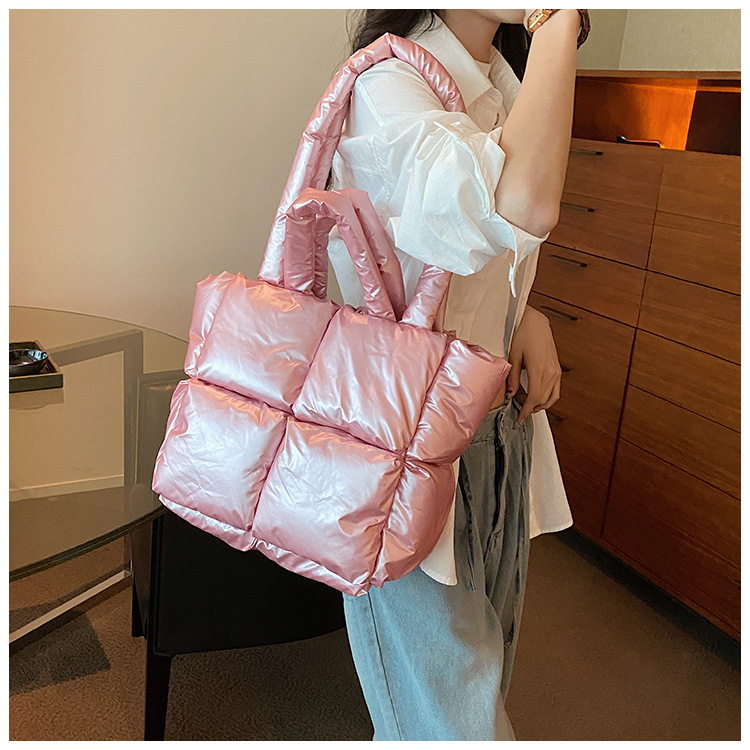 Down Bag Women Fashion Large Capacity Tote Bag High grade Shiny Handbag Simple Checkered Cotton Bag Shoulder Bag_voghion.com