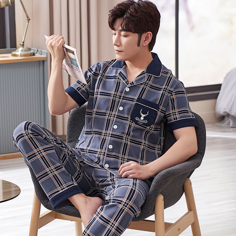 Pijamas de hombre ropa de verano 100% algodón pantalones de manga corta chaqueta juvenil traje de homewear delgado de mediana edad