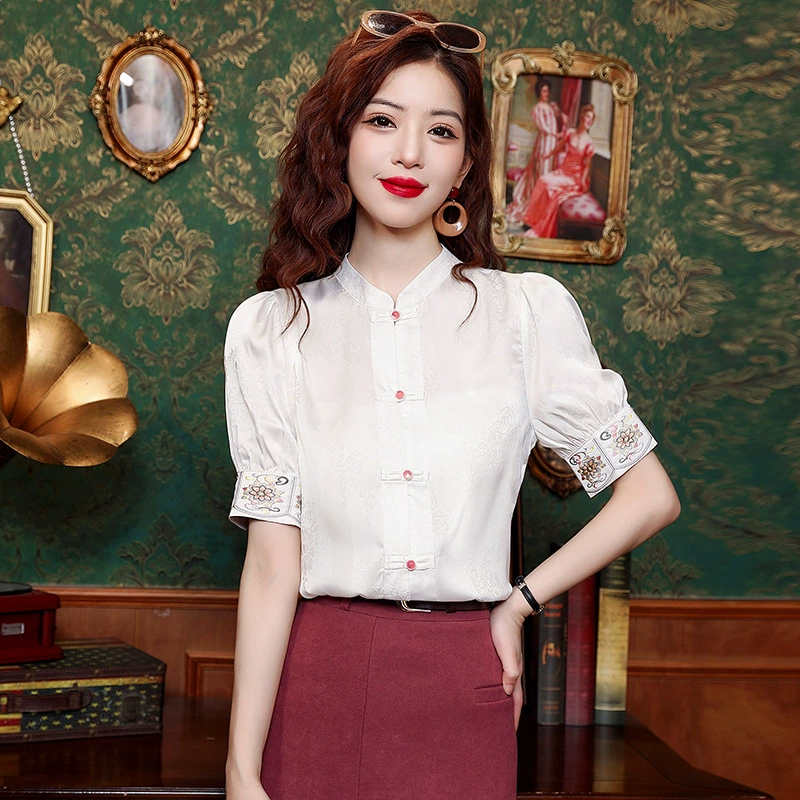 Настоящие фото новых топов с вышивкой в ​​китайском стиле для женщин, лето 2025, новые рубашки в национальном стиле, рубашки с короткими рукавами и воротником-стойкой