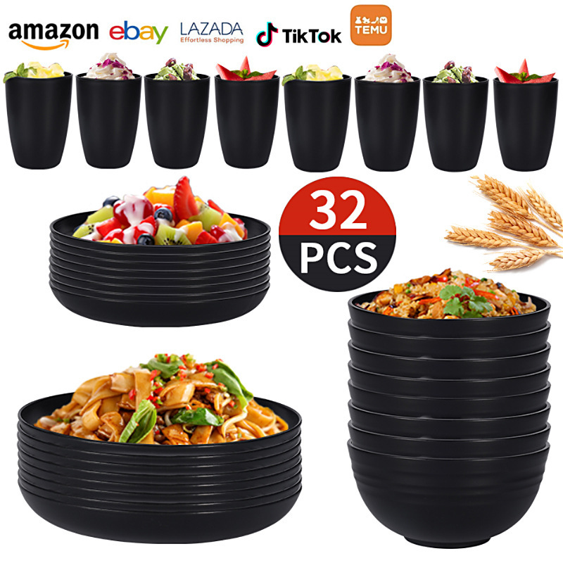 Cross-Border Wheat Straw Black Dishes, Plates and Water Cups for 8 People Outdoor Picnic Forks and Spoons Portable Plates and Tableware Set