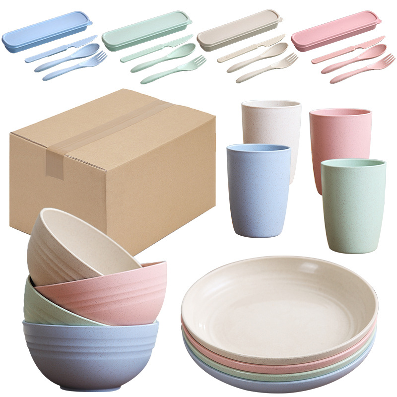 Wheat Straw Tableware Water Cup Bowl Plate Knife Fork Spoon Plus Storage Box28-piece Set