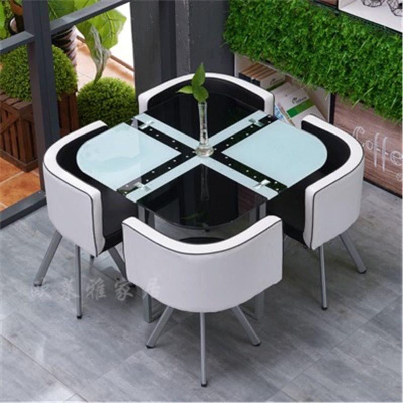 Mesa y sillas de comedor modernas, mesa redonda pequeña de vidrio templado, mesa y sillas para recepción y negociación, una mesa y cuatro sillas, cocina de inducción.